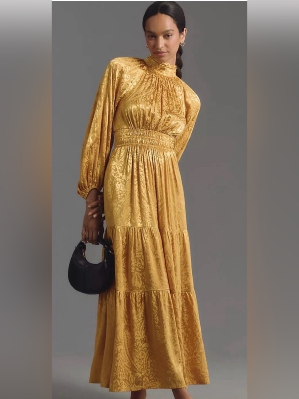 Anthropologie Somerset, mock neck, Long Sleeve Golden Maxi Dress, large petite